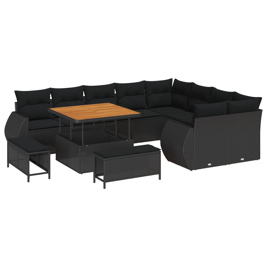 12-delige Tuinbankenset met kussens poly rattan acacia zwart