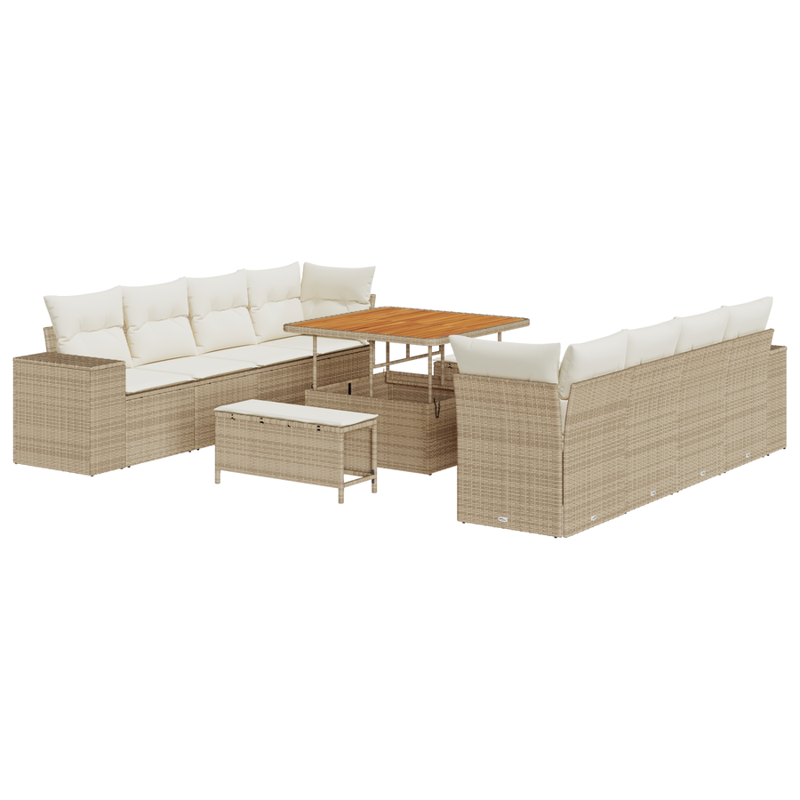 11-delige tuinsofa set met kussens in beige poly rattan en acacia