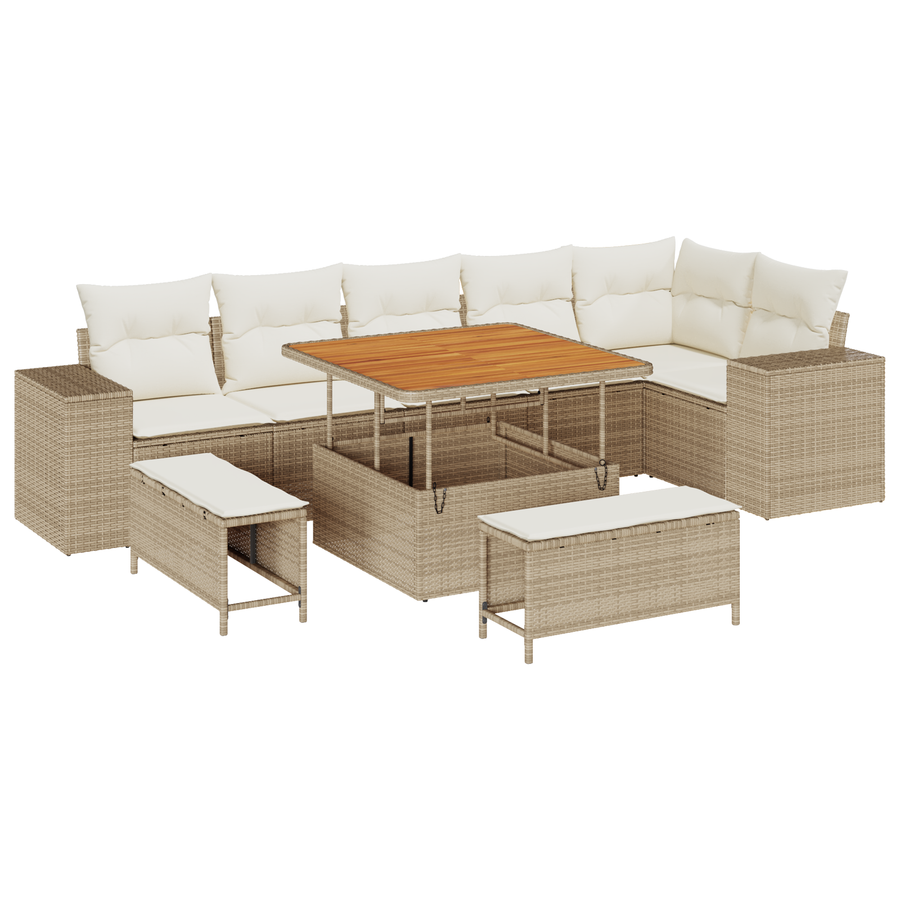 9-delige Tuinbankenset met kussens poly rattan acacia beige