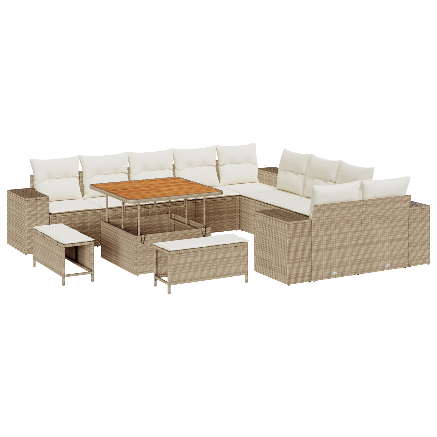 13-delige tuinbank set met kussens beige poly rattan acacia