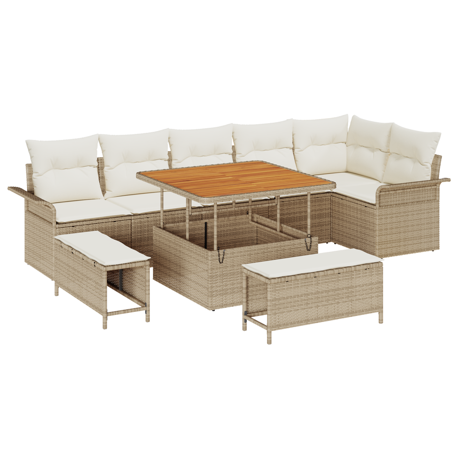 9-delige Tuinbankenset met kussens poly rattan acacia beige