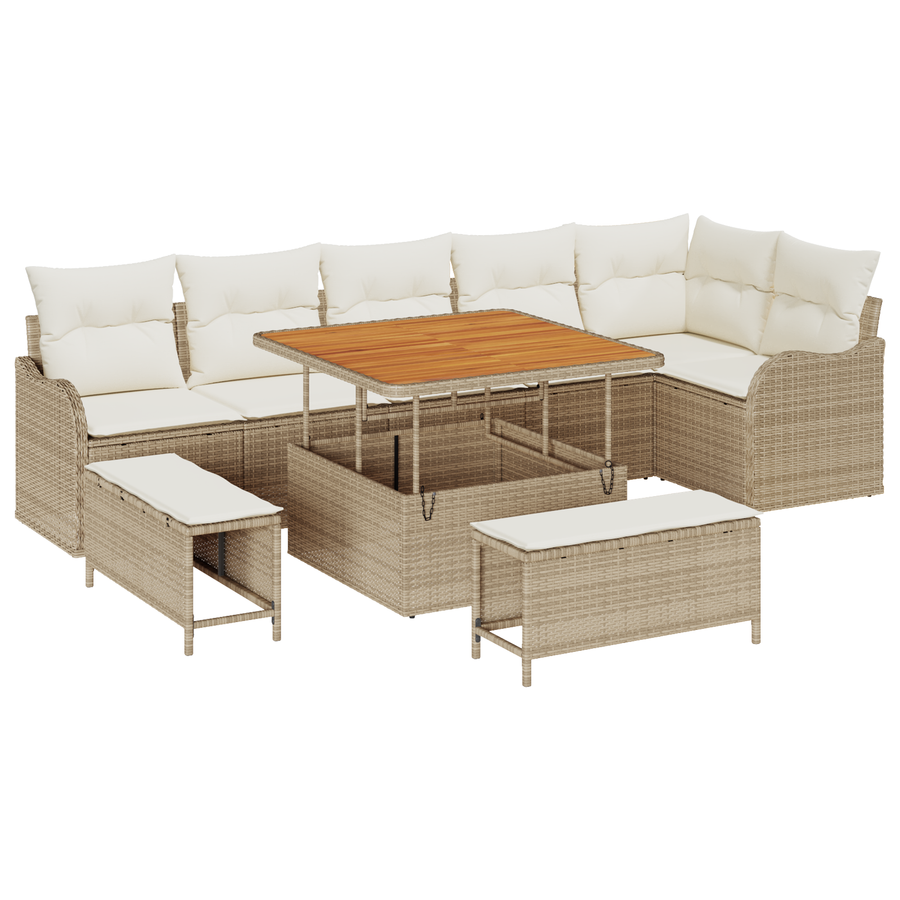 9-delige Tuinbankenset met kussens poly rattan acacia beige