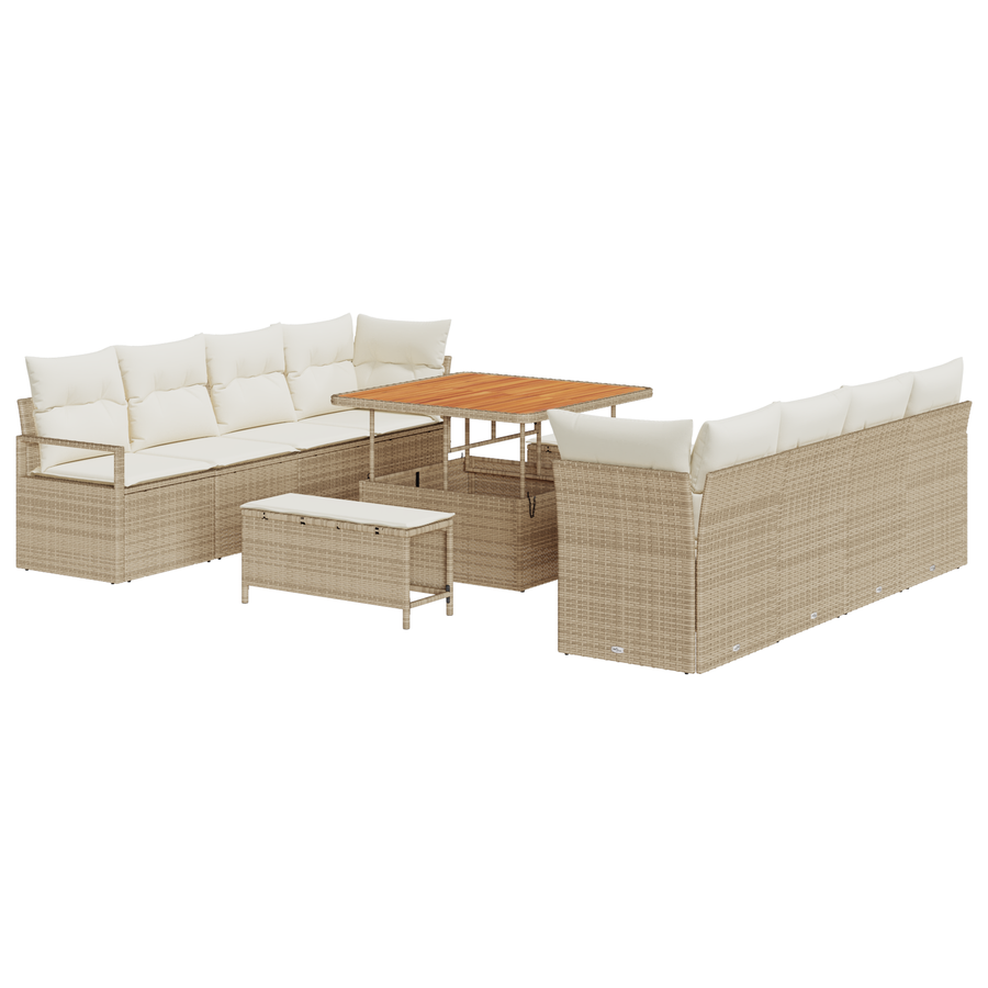 11-delige tuinset met kussens in beige van poly rattan en acacia