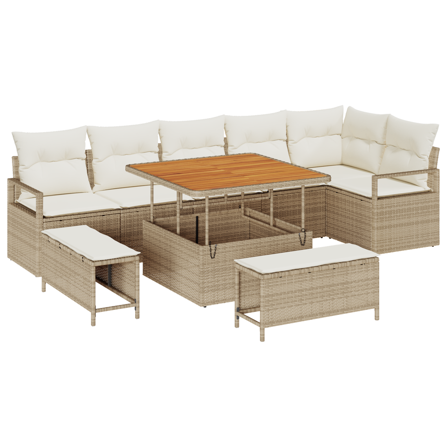 9-delige tuinset met kussens Beige Poly Rattan Acacia