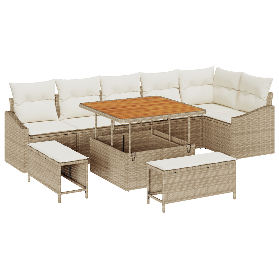 9-delige tuinsofa set met kussens in beige poly rattan en acacia