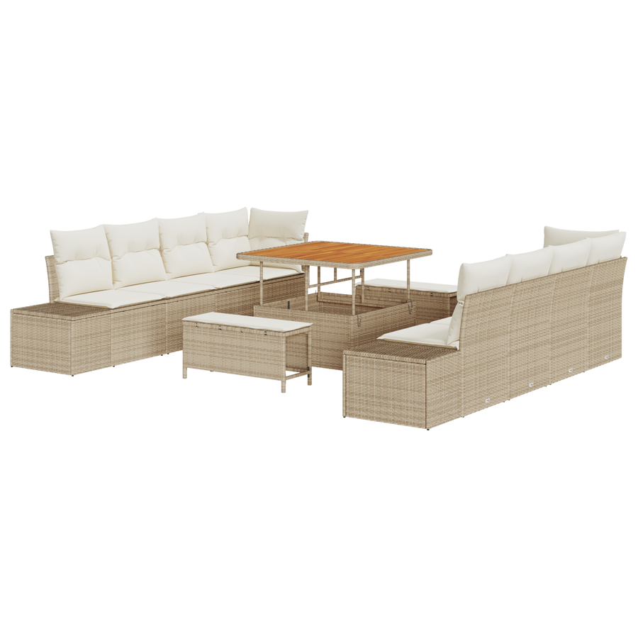 11-delige tuinbank set met kussens in beige van poly rattan en acacia