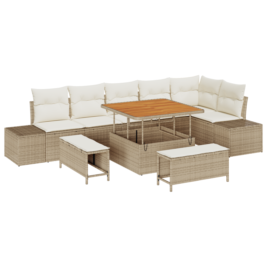 9-delige tuinsofa set met kussens in beige poly rattan en acacia