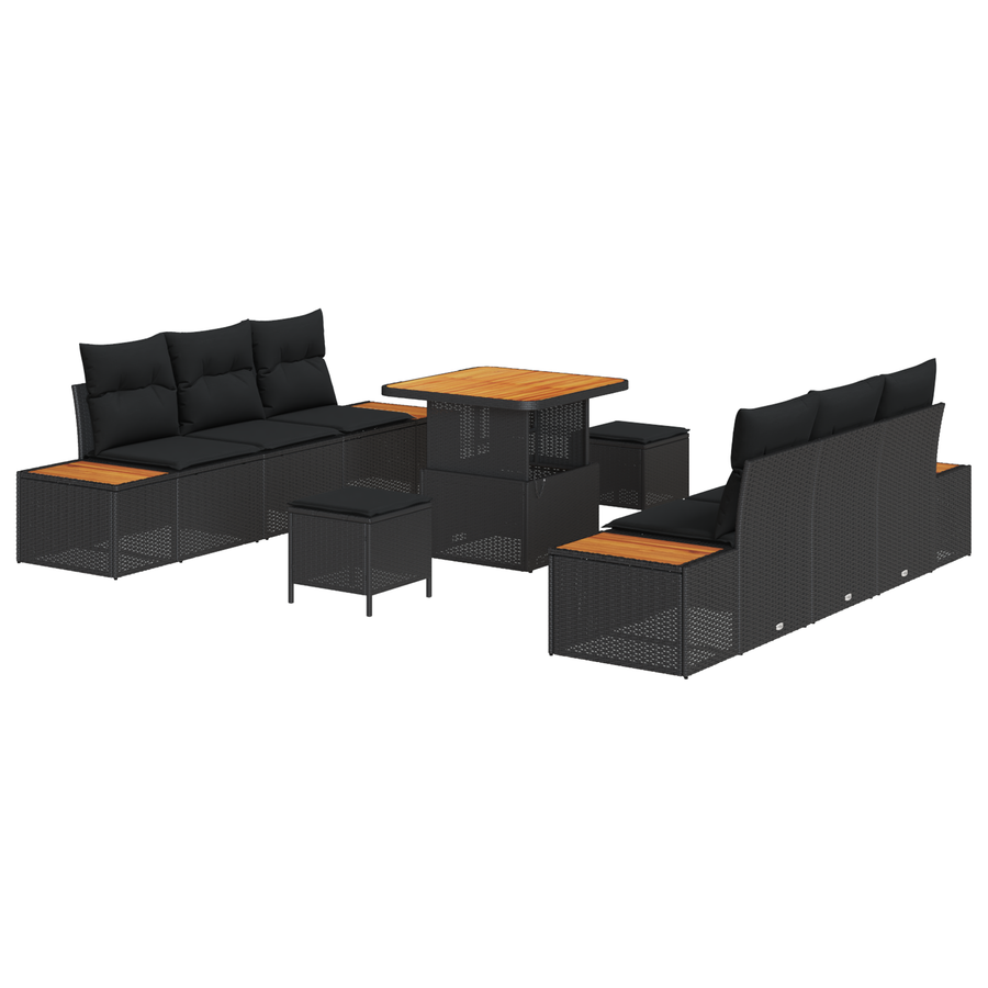 9-delige tuinsofa set met kussens zwart poly rattan acacia