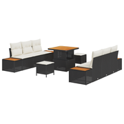Loungeset 9-delig poly rattan zwart acacia kussens