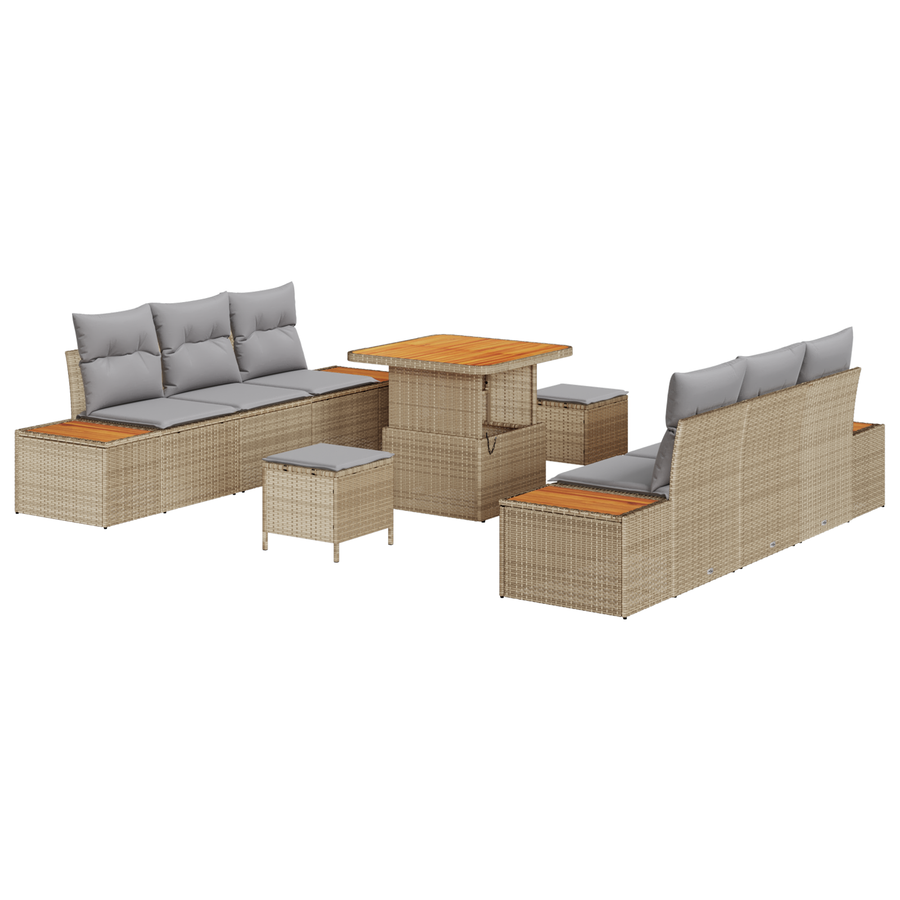 9-delige tuinset met kussens in beige poly rattan en acacia