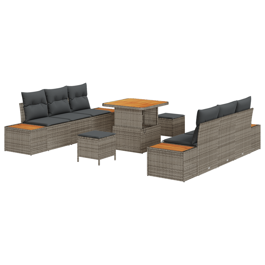 9-delige tuinset met kussens grijs poly rattan acacia