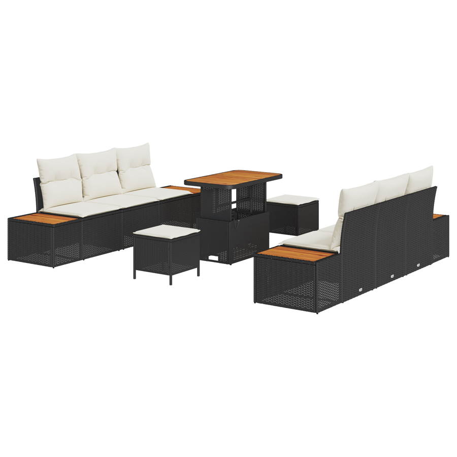 9-delige tuinset met kussens, zwart poly rattan, acacia