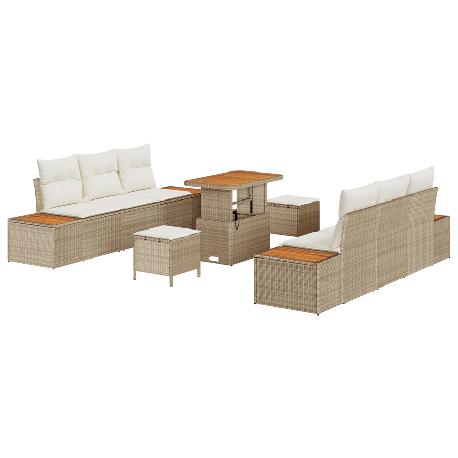 9-delige tuinset met kussens in beige poly rattan en acacia
