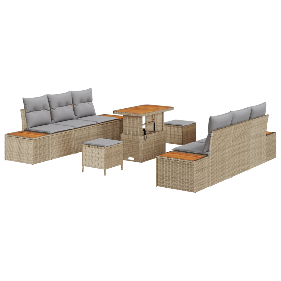 9-delige tuinset met kussens in beige van poly rattan en acacia