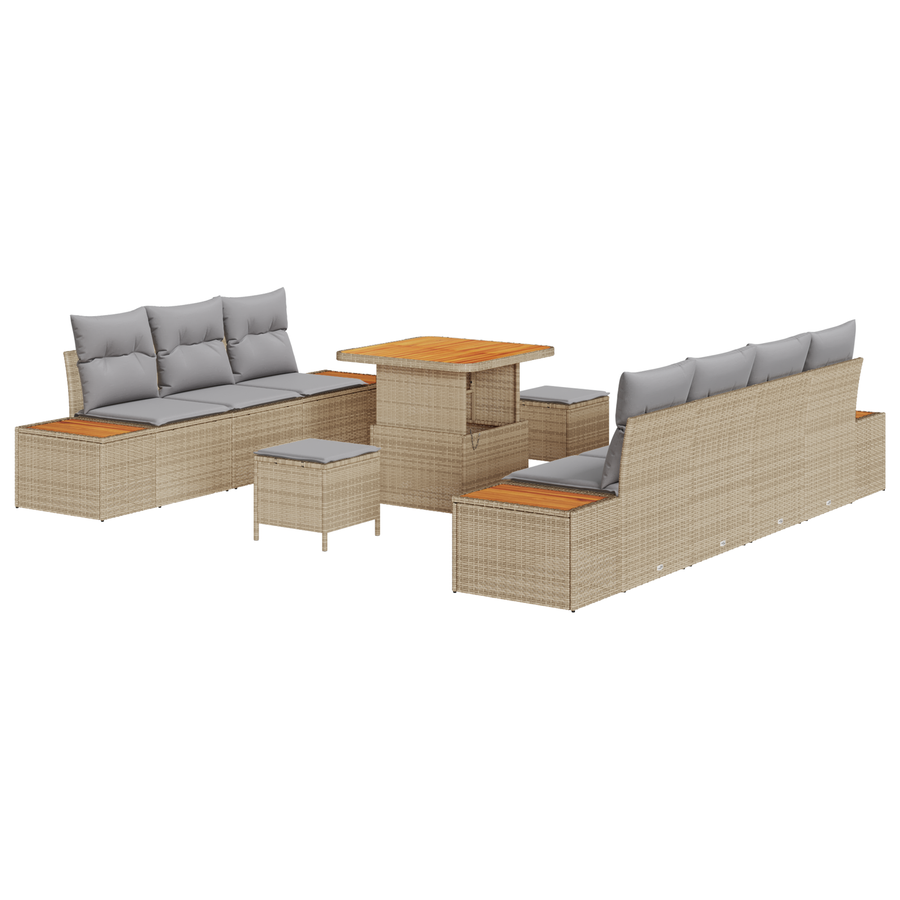 10-delige tuinset met kussens Beige Poly Rattan Acacia