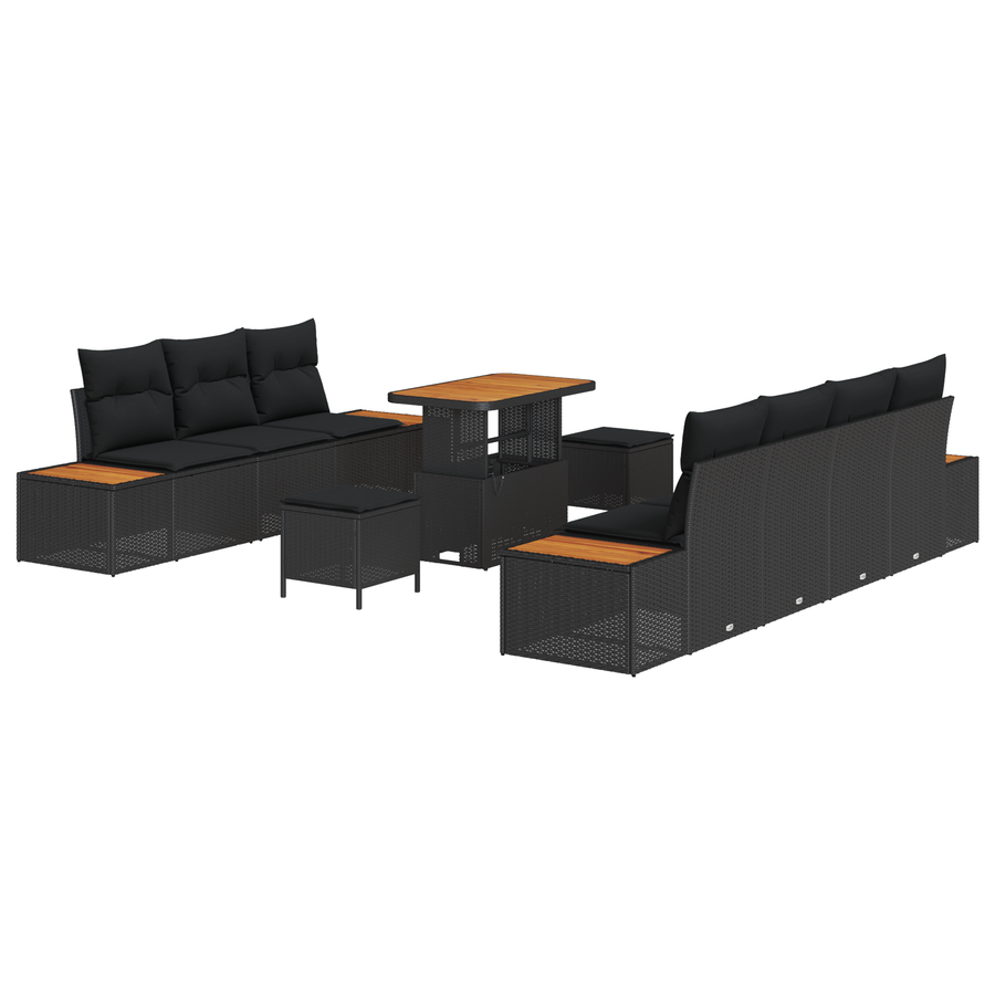 10-delige tuinsofa set met kussens in zwart poly rattan en acacia