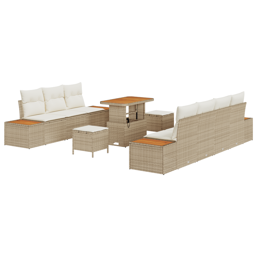 10-delige tuinset met kussens in beige van poly rattan en acacia