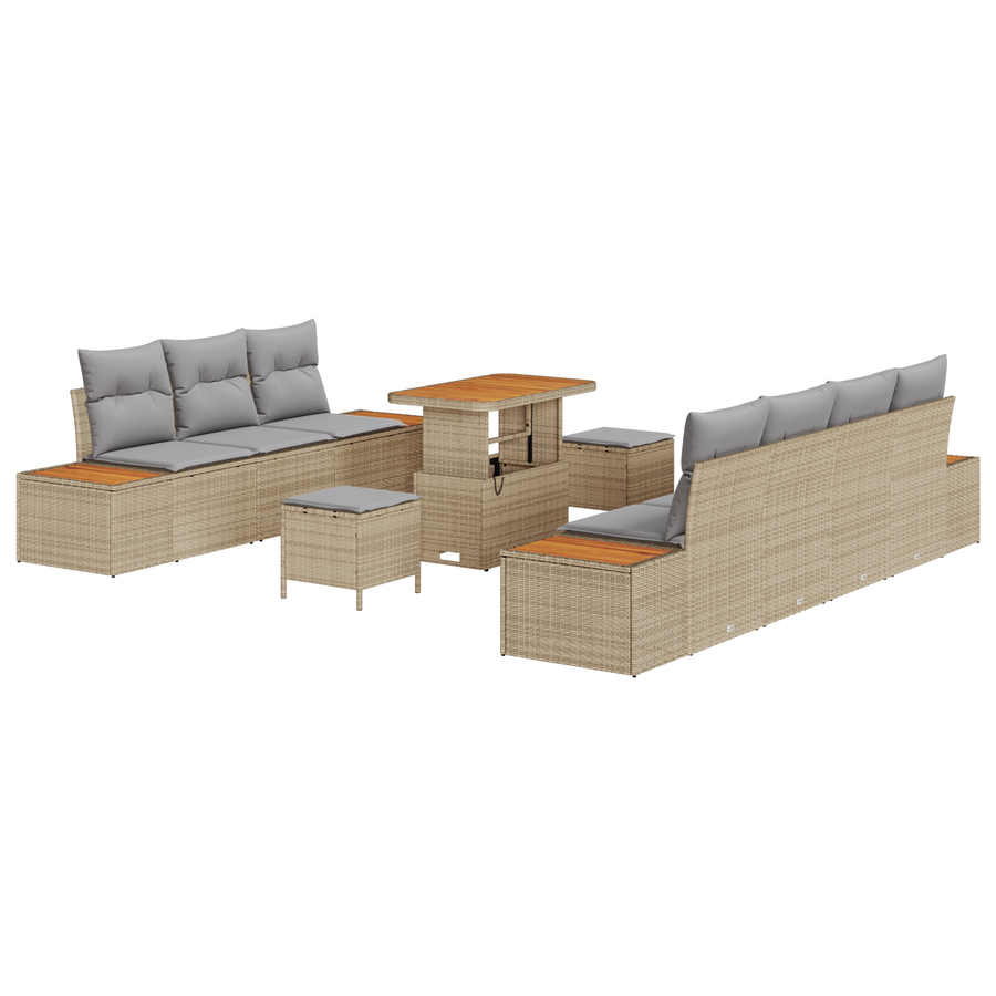 10-delige tuinsofa set met kussens in beige van poly rattan en acacia