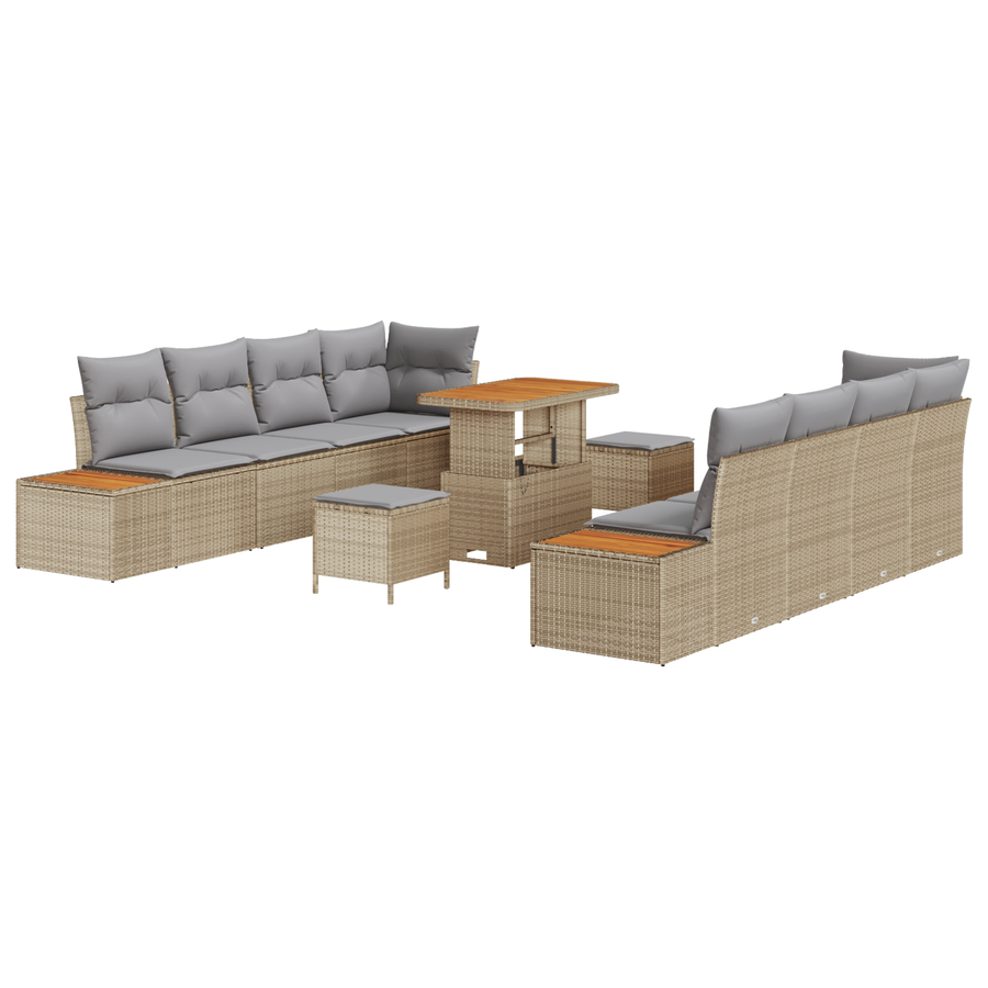 11-delige Tuinbankenset met kussens poly rattan acacia beige