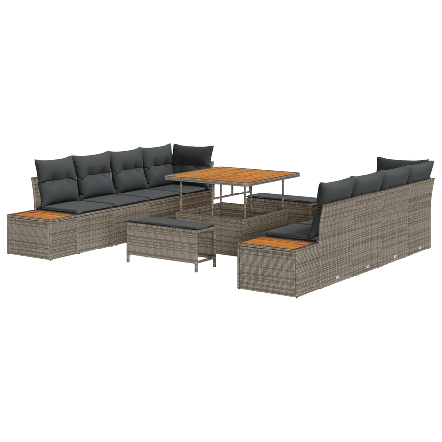 11-delige Tuinbankenset met kussens poly rattan acacia grijs