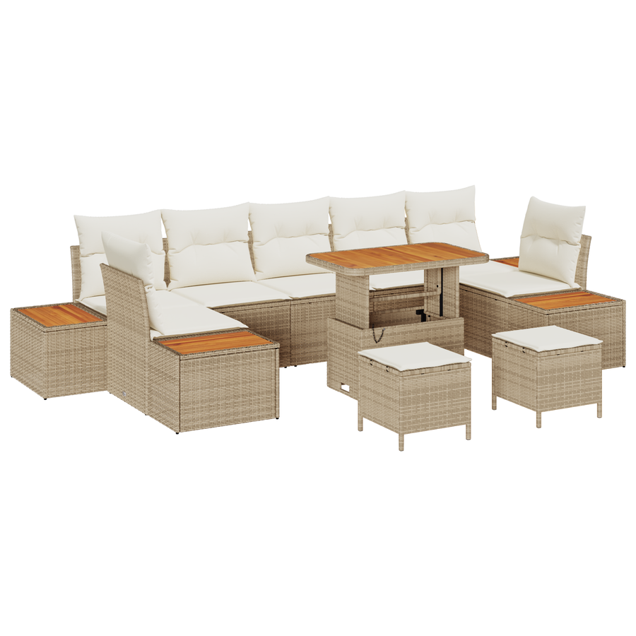 10-delige Tuinbankenset met kussens poly rattan acacia beige