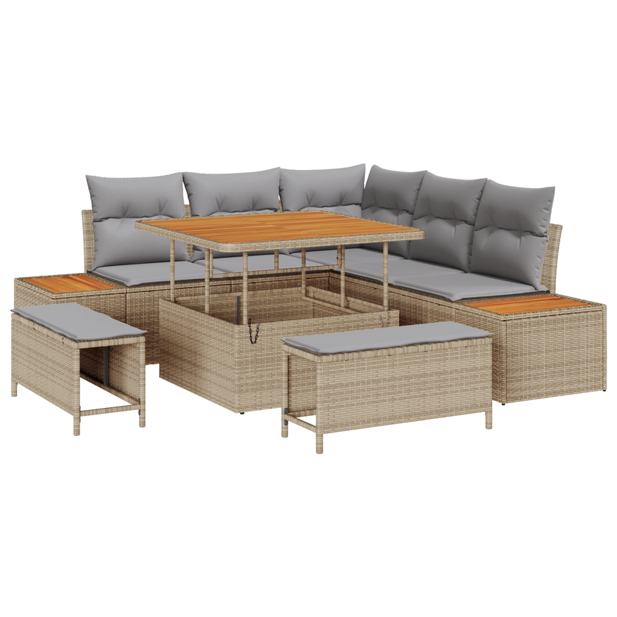 8-delige Tuinbankenset met kussens poly rattan acacia beige
