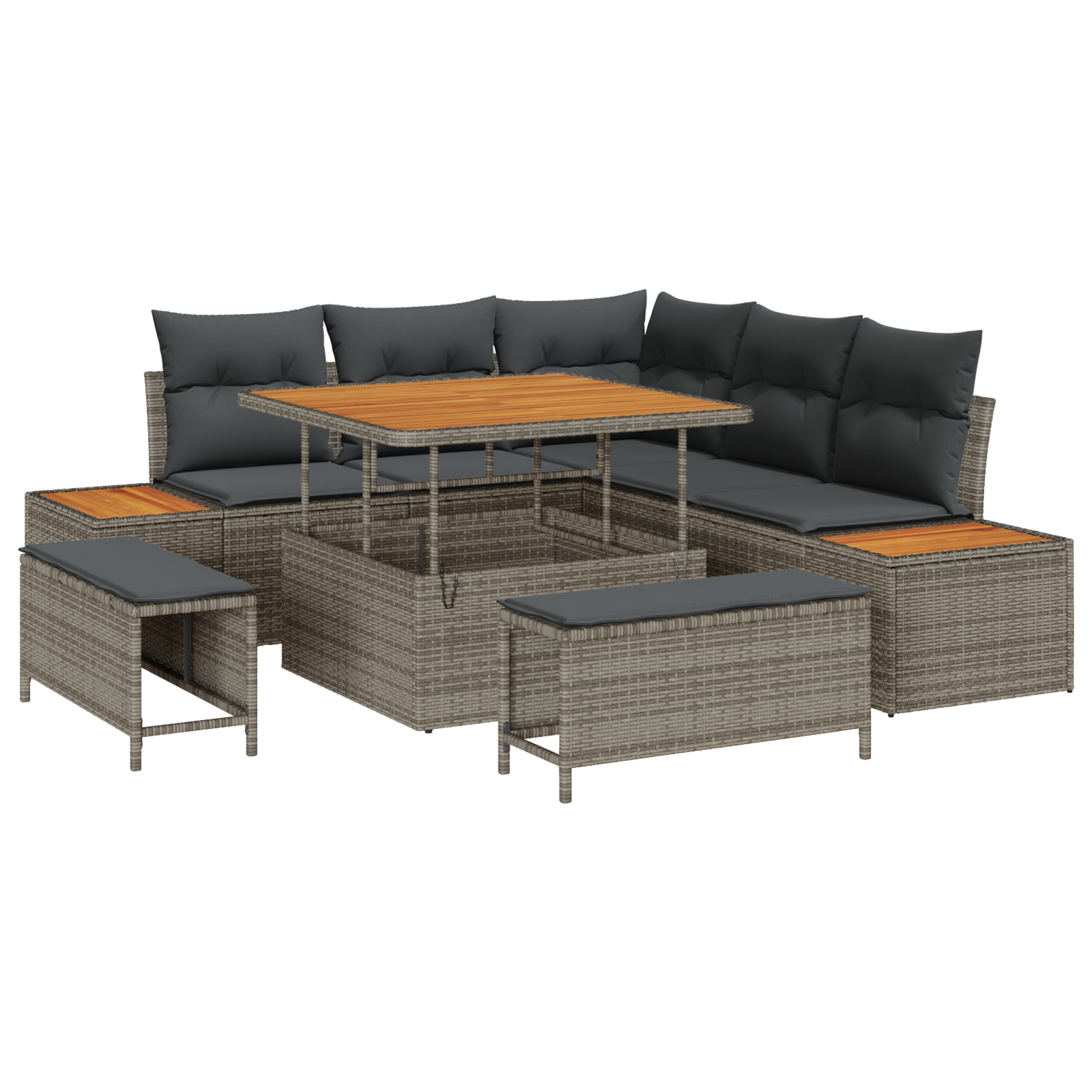 8-delige Tuinbankenset met kussens poly rattan acacia grijs