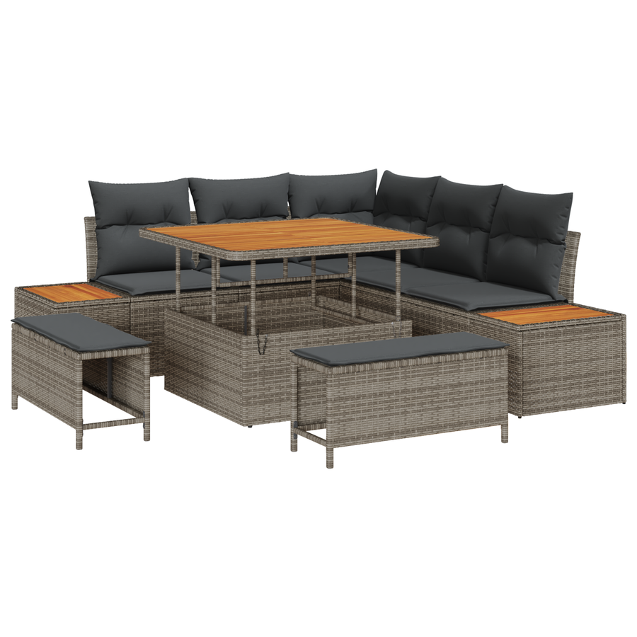 8-delige Tuinbankenset met kussens poly rattan acacia grijs