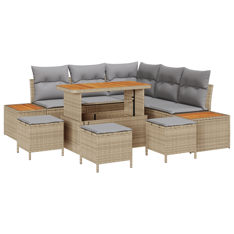 9-delige Tuinbankenset met kussens poly rattan acacia beige
