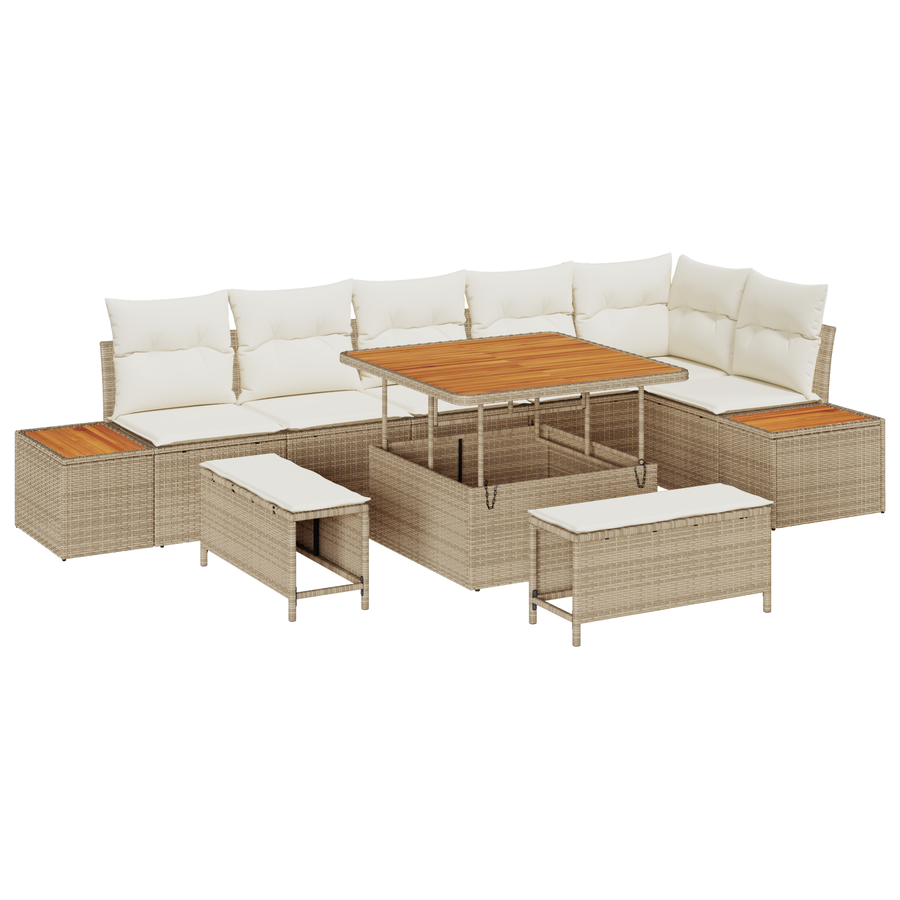 9-delige Tuinbankenset met kussens poly rattan acacia beige