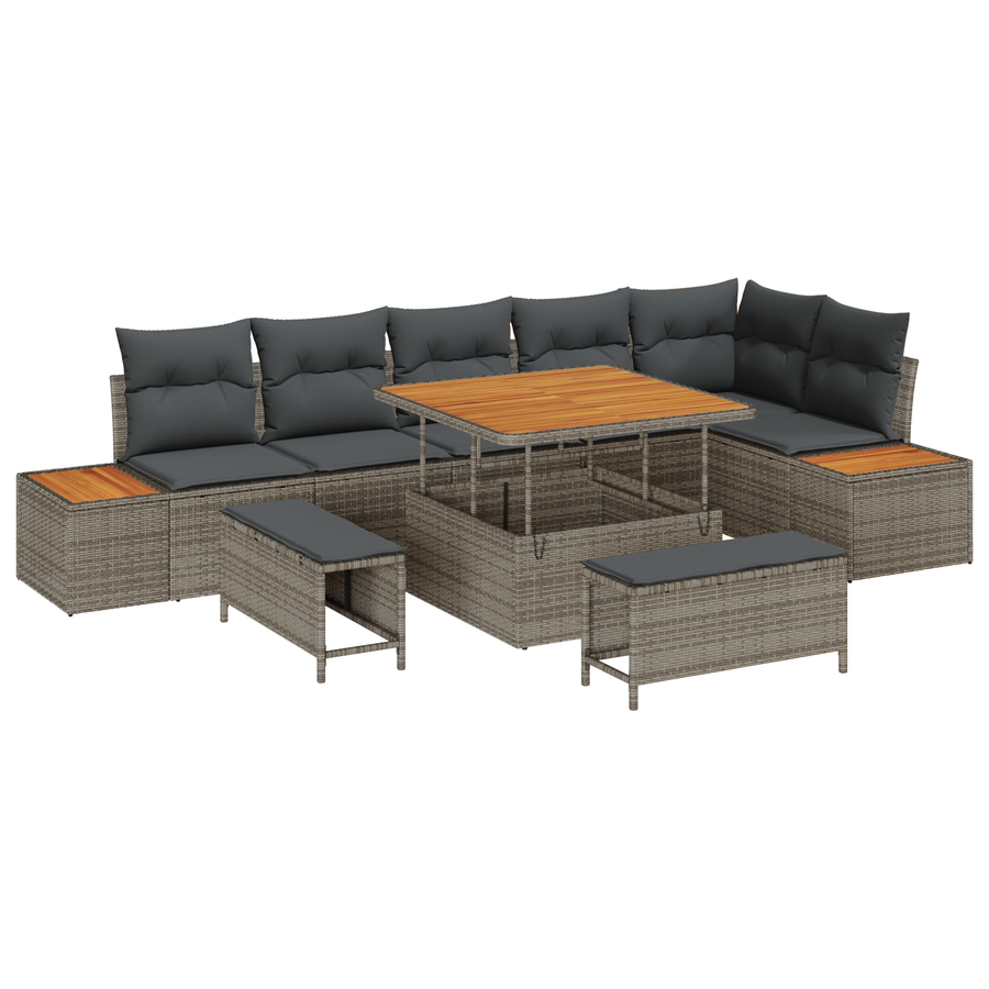 9-delige Tuinbankenset met kussens poly rattan acacia grijs