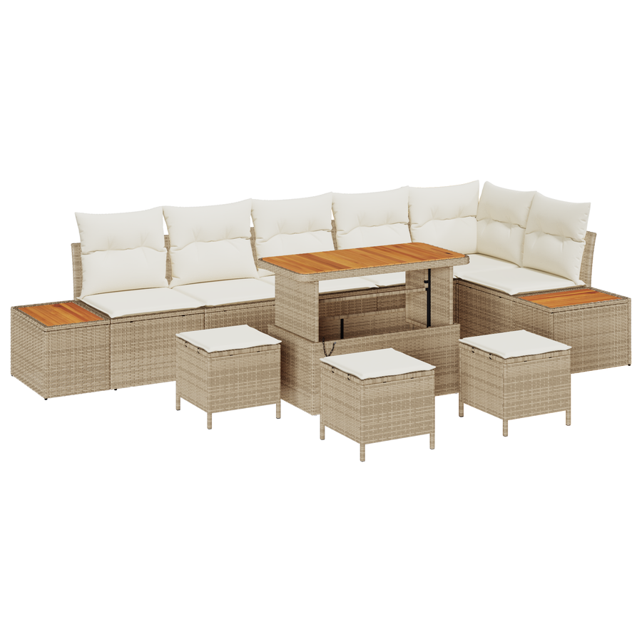 10-delige Tuinbankenset met kussens poly rattan acacia beige