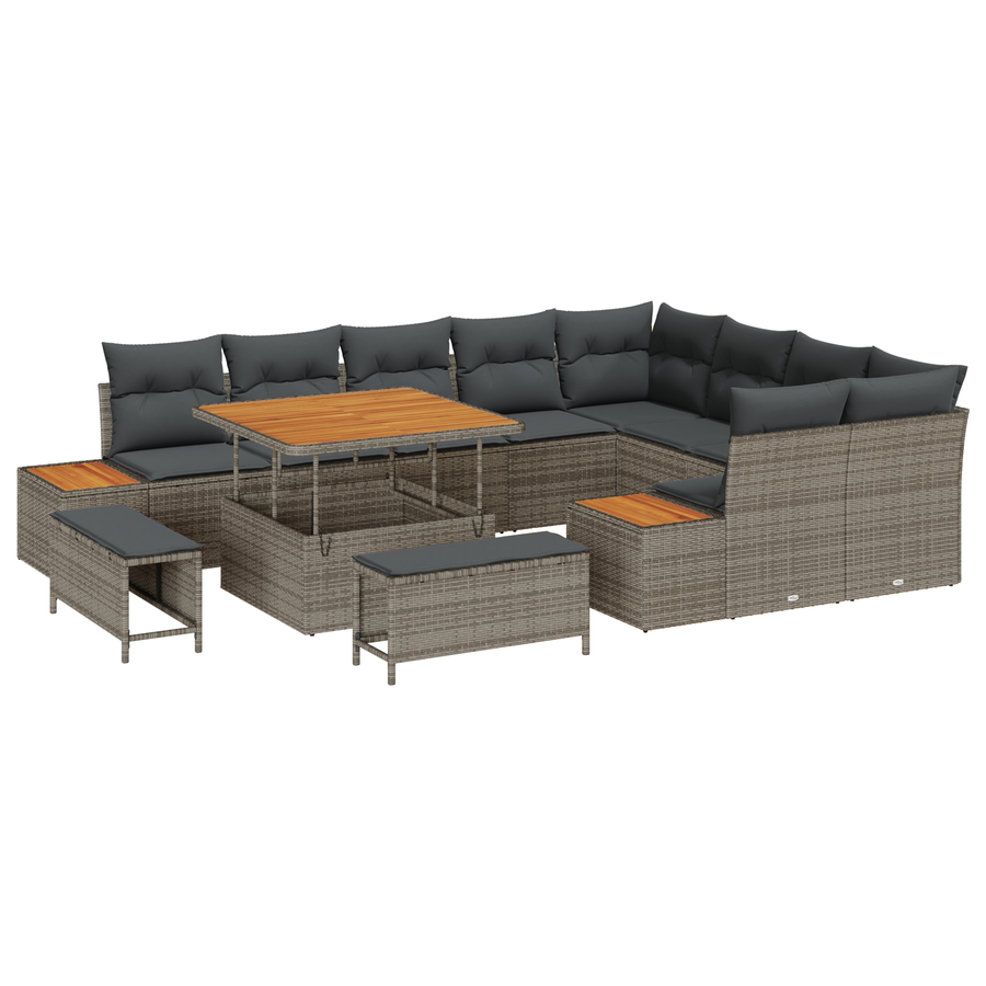 12-delige Tuinbankenset met kussens poly rattan acacia grijs