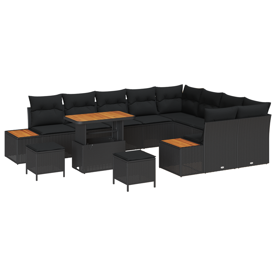 12-delige Tuinbankenset met kussens poly rattan acacia zwart