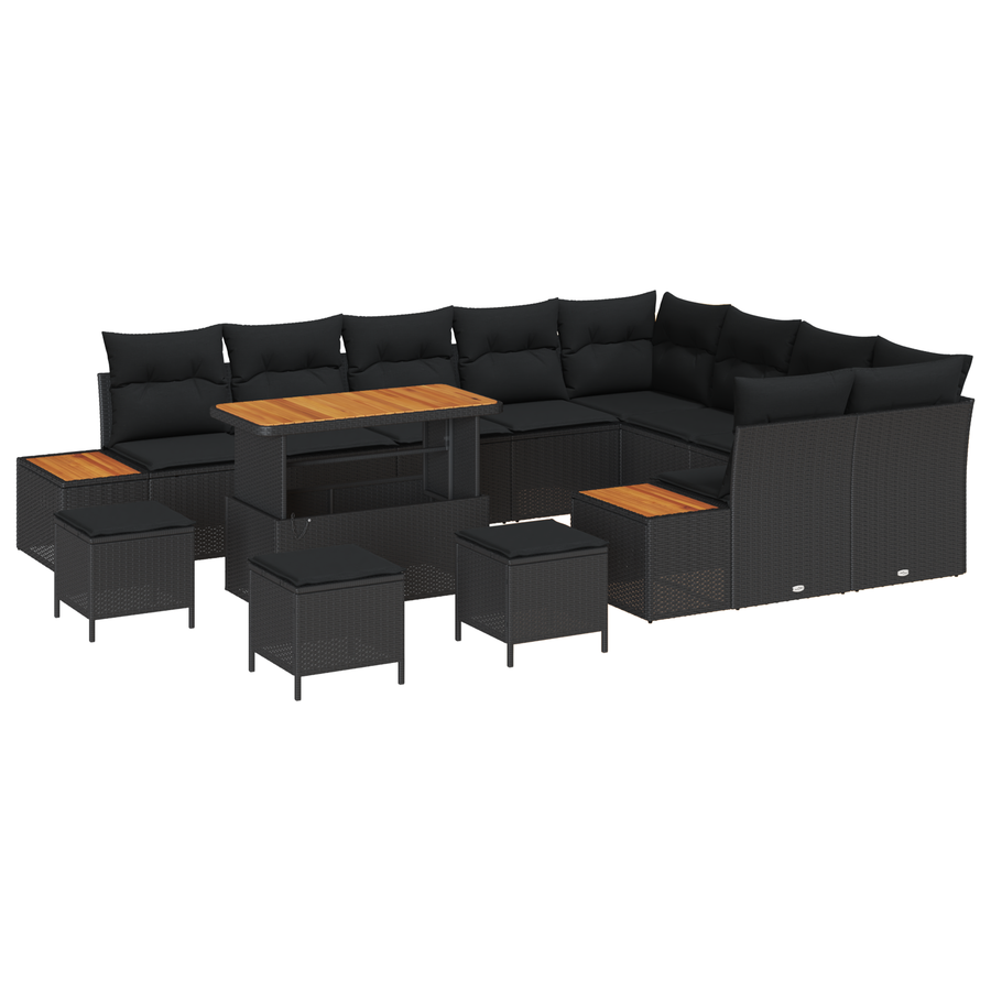 13-delige Tuinbankenset met kussens poly rattan acacia zwart
