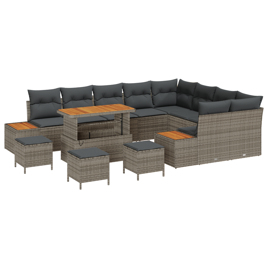 13-delige Tuinbankenset met kussens poly rattan acacia grijs