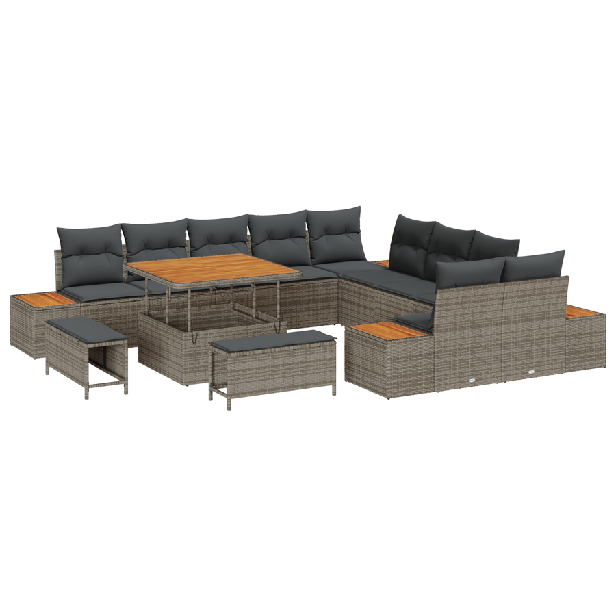 13-delige tuinbankset met kussens - Grijs Poly Rattan, Acacia