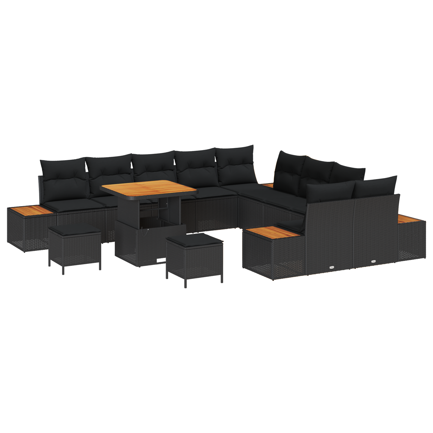 13-delige tuinbank set met kussens - zwart poly rattan, acacia