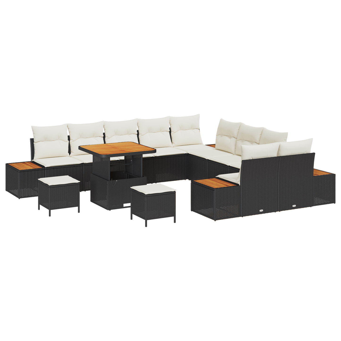 13-delige tuinsofa set met kussens in zwart poly rattan en acacia