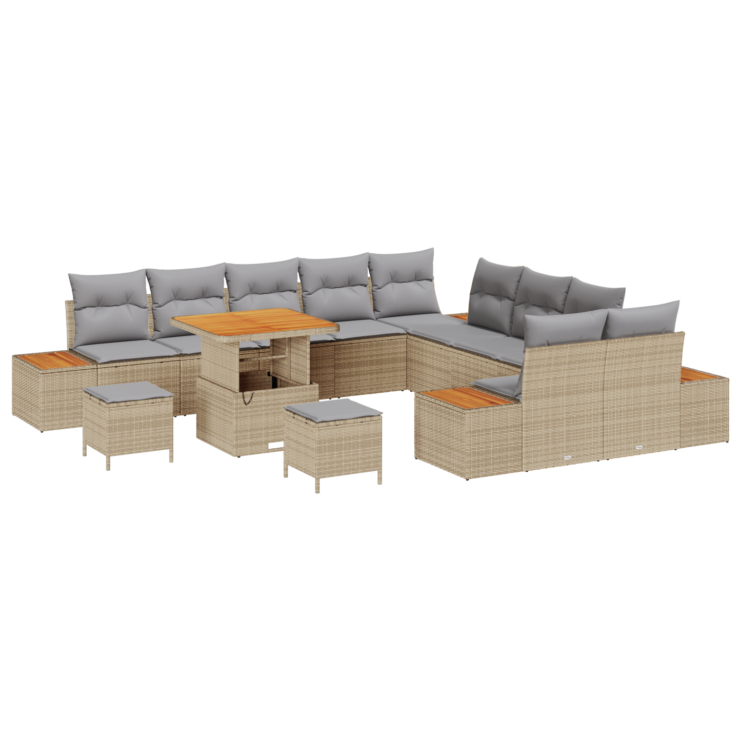 13-delige tuinbankset met kussens in beige poly rattan en acacia