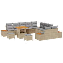 13-delige tuinbankset met kussens in beige poly rattan en acacia