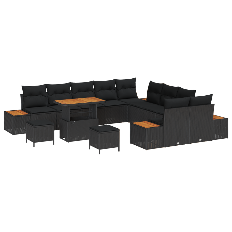 13-delige tuinset met kussens zwart poly rattan acacia