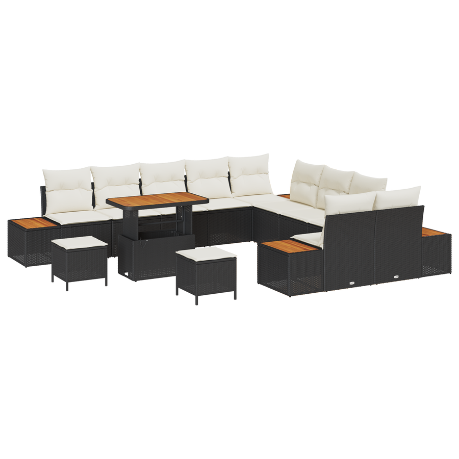 13-delige tuinbankset met kussens zwart poly rattan acacia