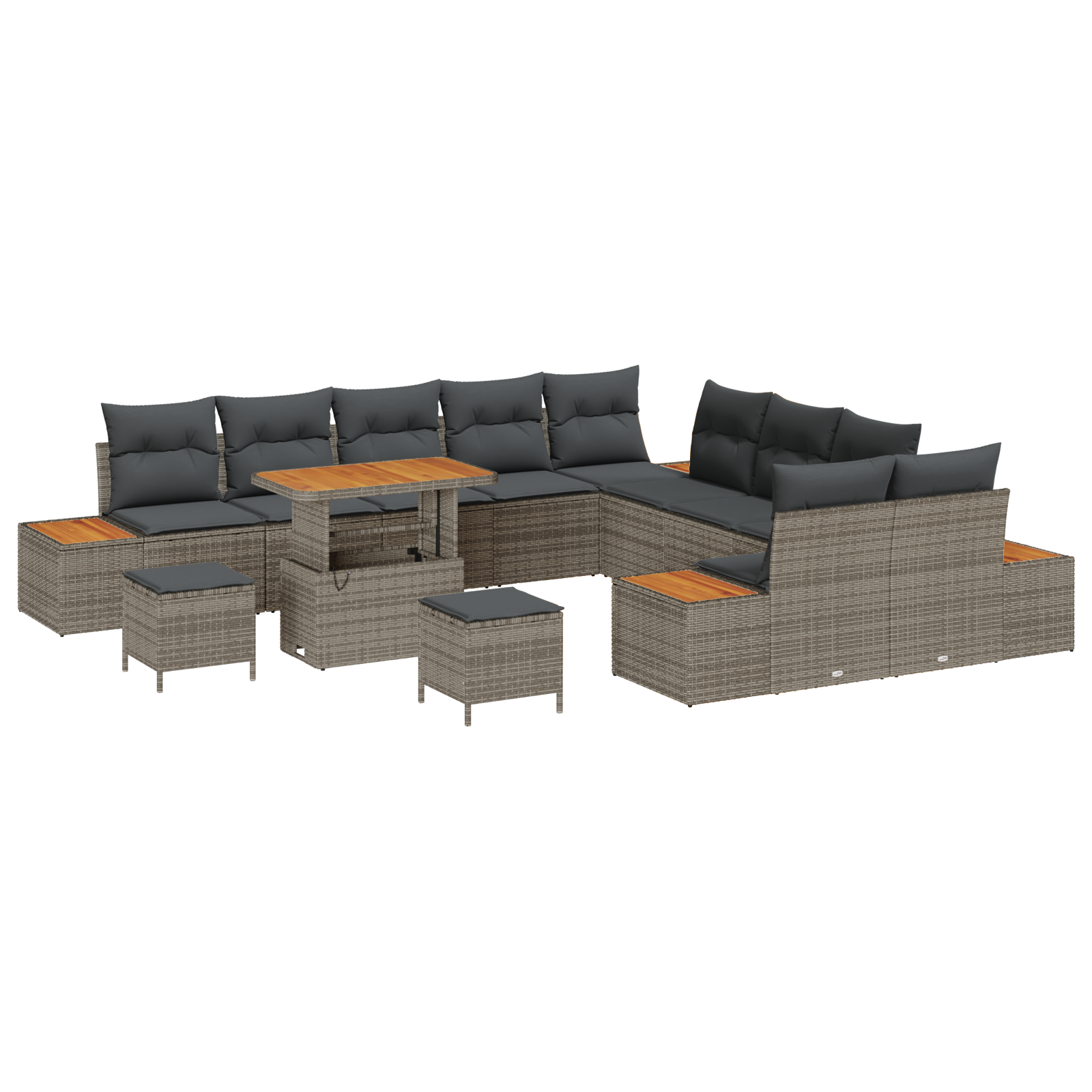 13-delige lounge set voor in de tuin met kussens in grijs poly rattan en acacia