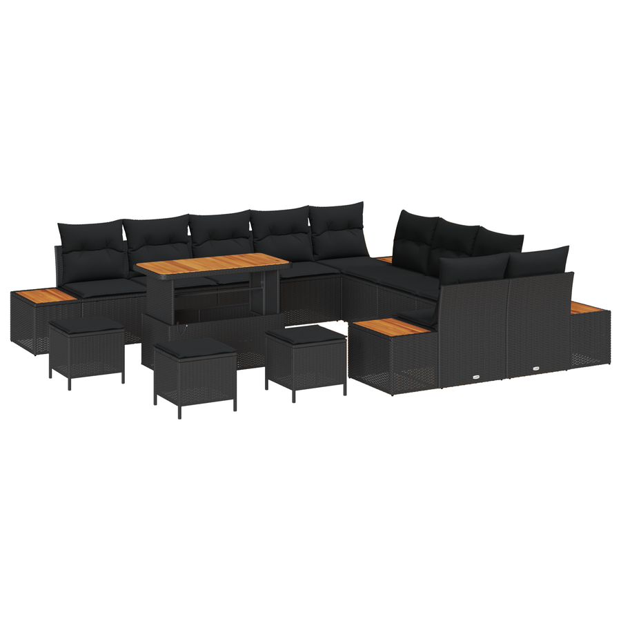 14-delige tuinset met kussens zwart poly rattan acaciahout