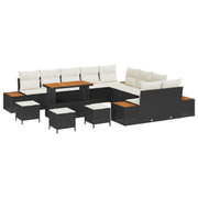 Loungeset 14-delig poly rattan zwart acacia met kussens