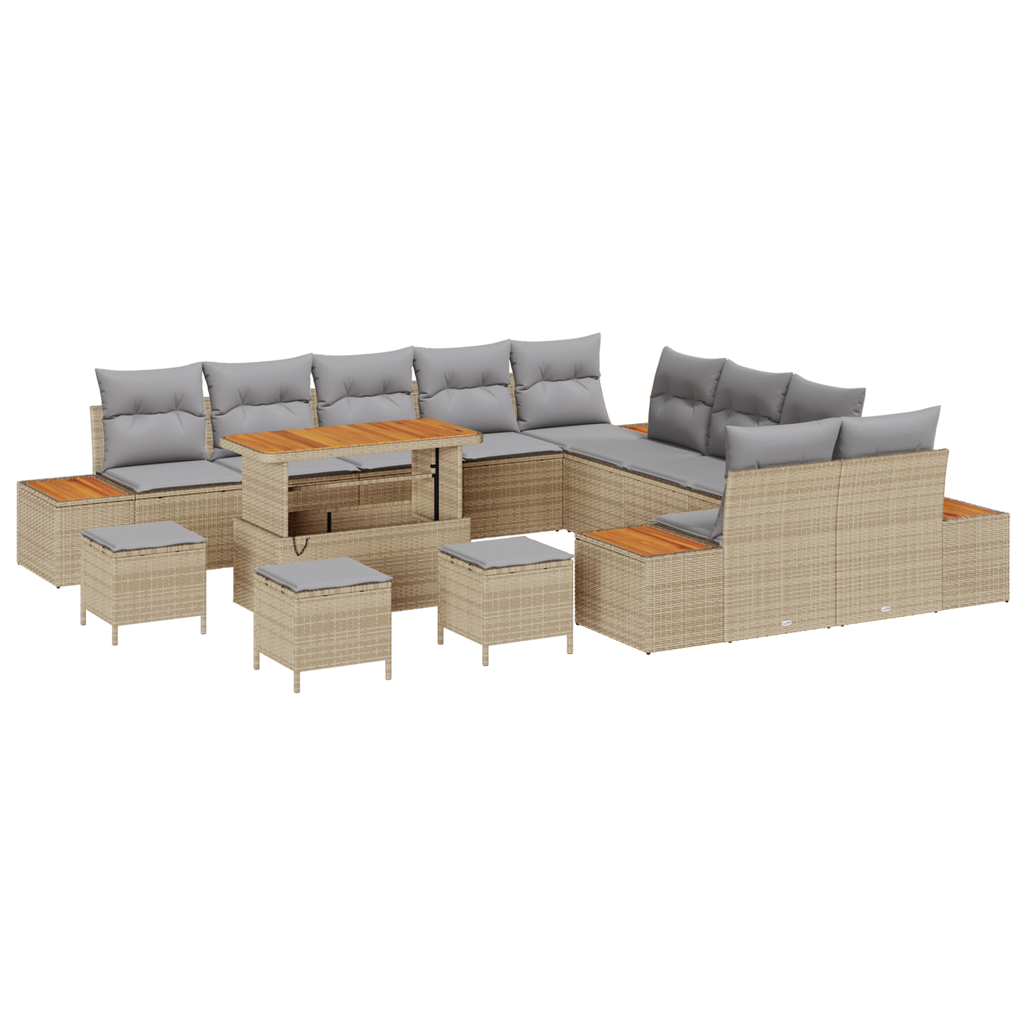 14-delige tuinset met kussens in beige poly rattan en acacia