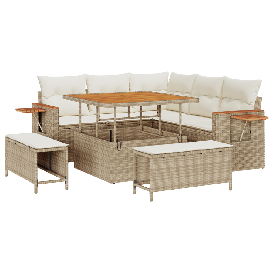 8-delige Tuinbankenset met kussens poly rattan acacia beige