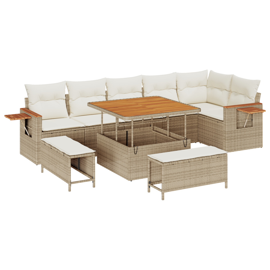9 delige Tuinbankenset met kussens poly rattan acacia beige