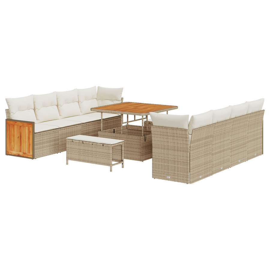11-delige Tuinbankenset met kussens poly rattan acacia beige